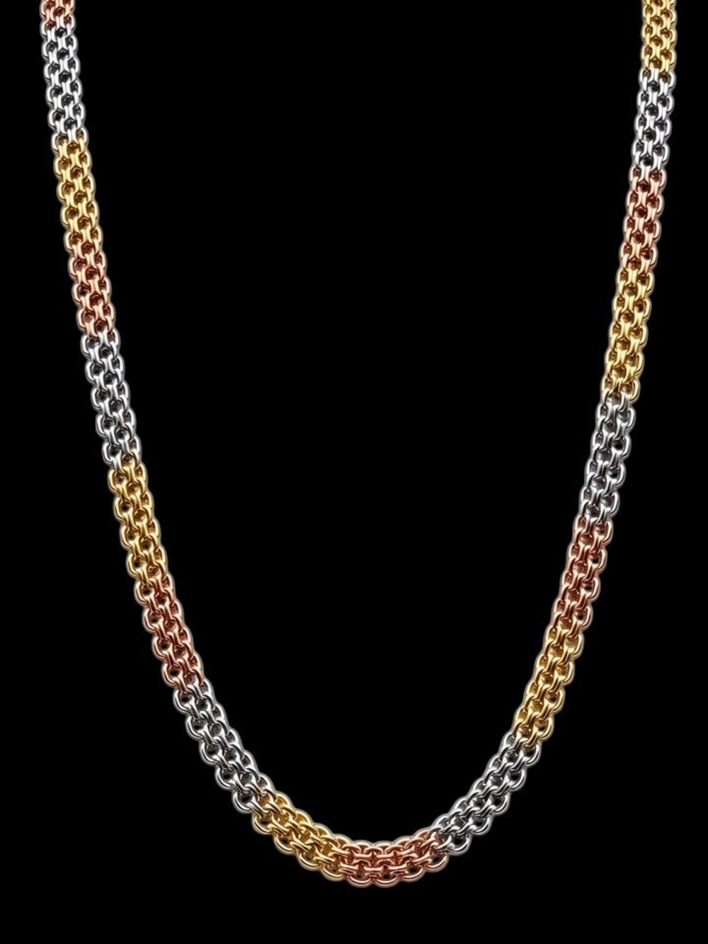 Tri Color Solid 925 Sterling Silver 14K Gold Overlay Bismark Chain Necklace
